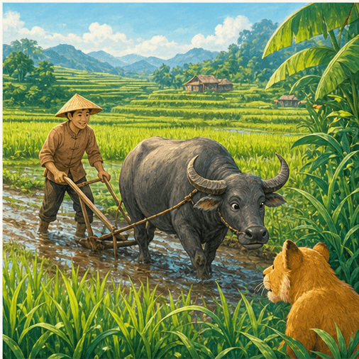 A farmer, water buffalo and curious tiger in a vivid Vietnamese rice field